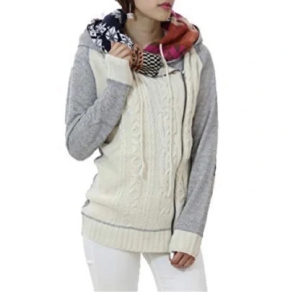 DESIGUAL WHY? Tatur Textured double hood zip sweater sweatshirt XL